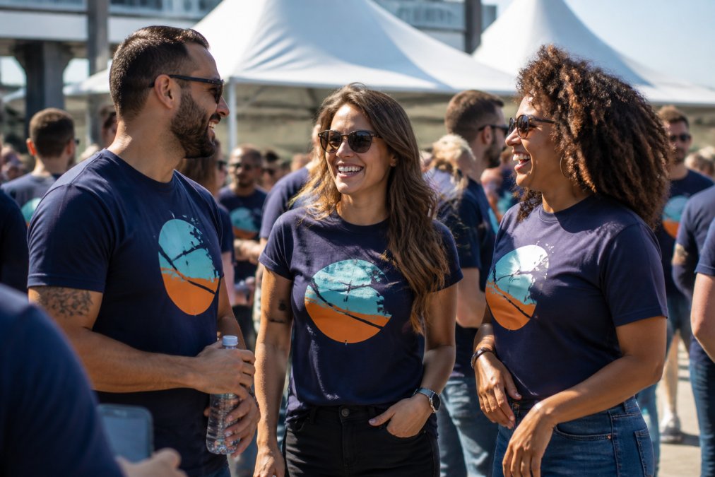 Event attendees wearing custom branded t-shirts at an outdoor product launch, smiling and engaging with each other, showing the apparel in action with natural sunlight illuminating the printed designs