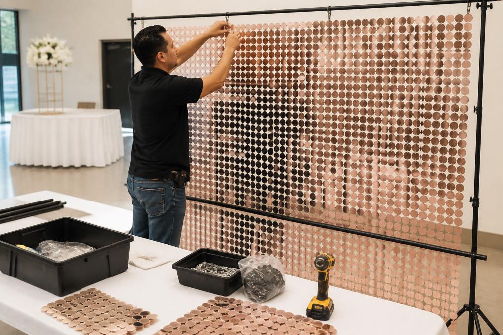 Professional event installer securing interlocking sequin panels onto a metal backdrop stand using mounting hardware, hands adjusting fabric panels in a modern event space with studio lighting