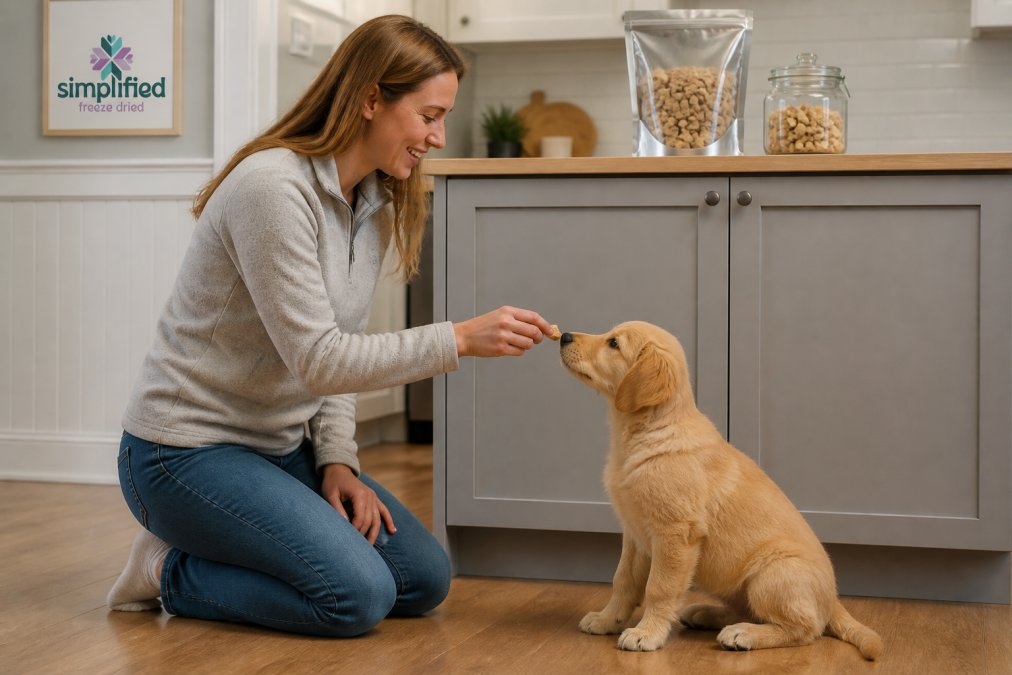 Pet owner feeding a puppy a bulk single-ingredient dog treat in a kitchen