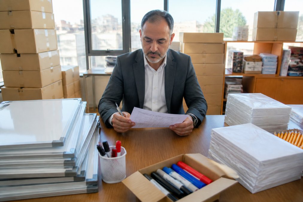 A school administrator in a bright office in Lebanon reviewing a checklist while surrounded by neatly stacked boxes of whiteboards, markers, and paper supplies