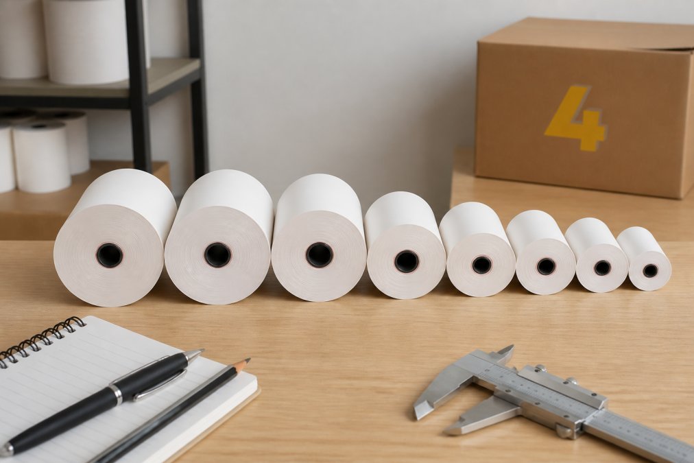 Close-up of several thermal paper rolls of different widths lined up on a clean white surface, with visible core openings and paper edge markings under bright even lighting