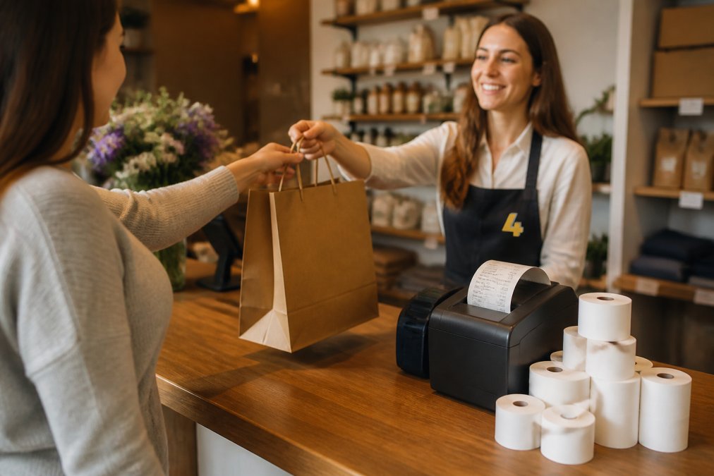 A busy retail checkout counter with a receipt printer printing a receipt, neatly stacked till rolls beside the terminal, and a shop assistant handing a bag to a customer in a warmly lit shop interior