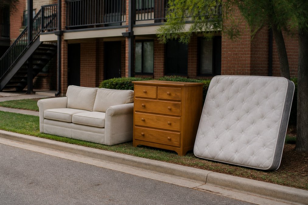 Bulky furniture items including a sofa, wooden dresser, and mattress neatly arranged at the curb on a residential street with clear separation between pieces and adequate spacing for collection truck access