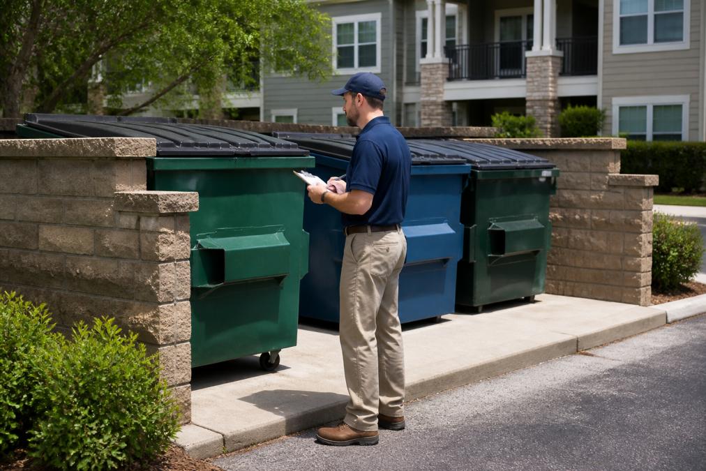 Property maintenance worker inspecting a clean, organized dumpster area with properly contained waste bins and clear signage at an apartment complex, with neat landscaping visible in background
