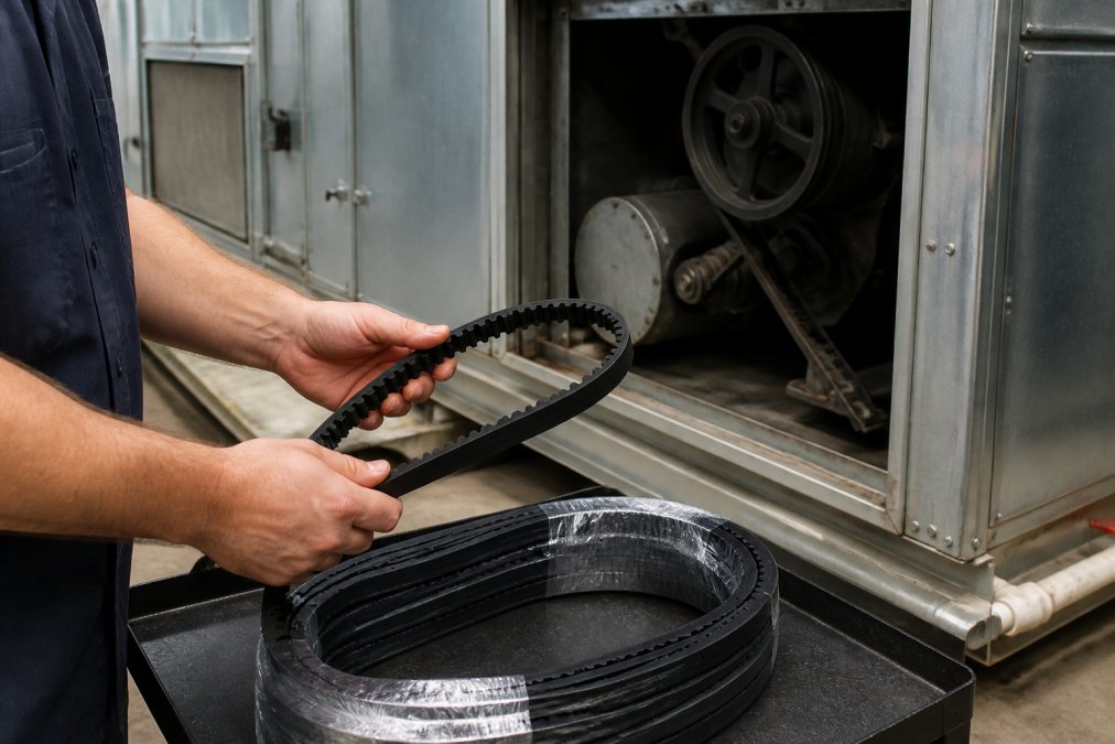 Technician comparing a cogged and wrapped V-belt for bulk V-belt orders near an open HVAC unit