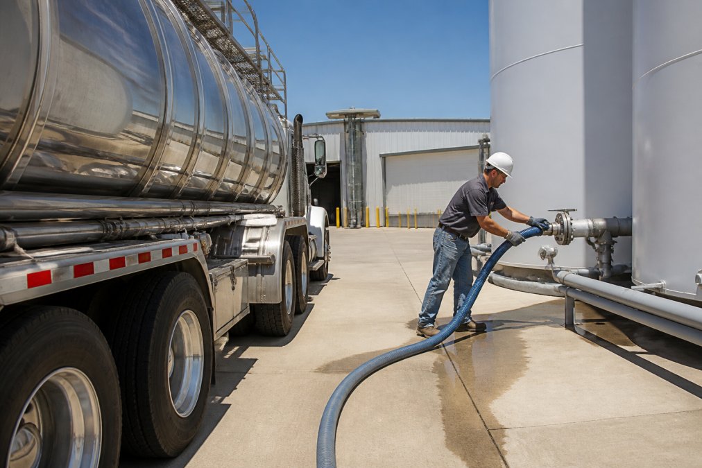 Large stainless steel tanker truck parked at an industrial facility, with a worker in a hard hat connecting a fill hose to an onsite water storage tank under bright midday sun