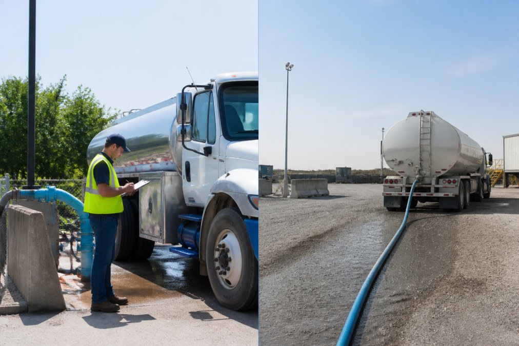 Operations manager in a safety vest standing beside a company-owned tanker at a water fill station, reviewing paperwork on a clipboard in a sunny industrial yard