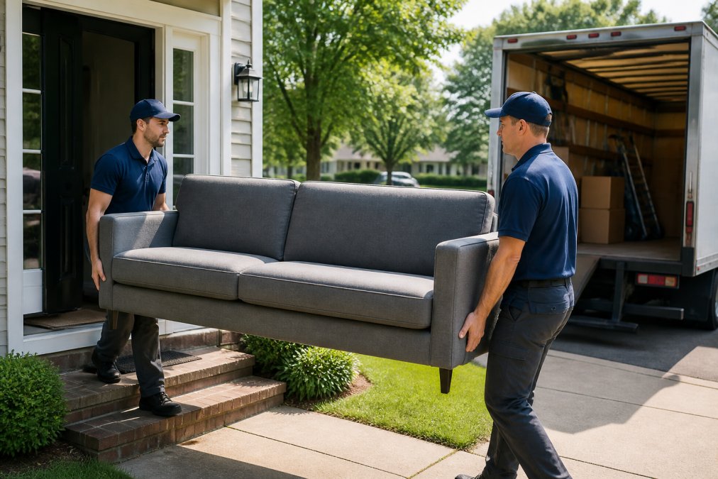 Two uniformed removal professionals carrying a large sofa out of a residential home's front door toward a truck in the driveway, bright daylight