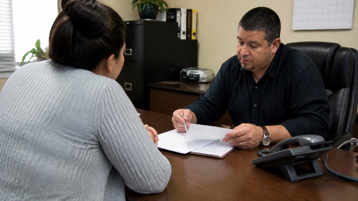 A bail bondsman at a desk reviewing paperwork with a client in a small, well-lit office, a phone and pen on the desk, a wall calendar visible behind them