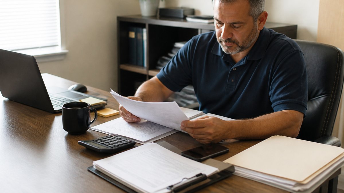 Professional reviewing documents and checking information on a computer screen at a desk, with paperwork and phone visible, suggesting verification and background check process