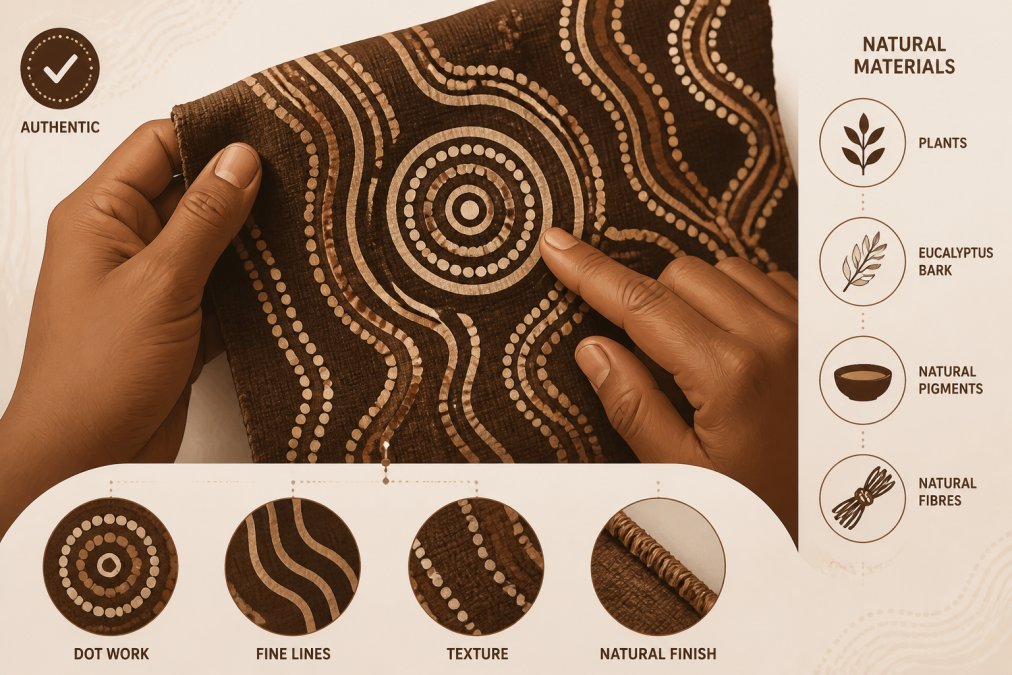 Close-up of hands carefully examining the fine details and traditional patterns of an authentic Aboriginal textile or artwork, showing the intricate craftsmanship and natural materials used