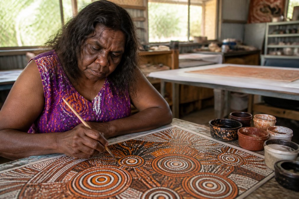 Indigenous artist at work in a bright art studio or community art centre, carefully creating traditional Aboriginal artwork using natural pigments, traditional tools, and cultural materials, with natural light illuminating the workspace