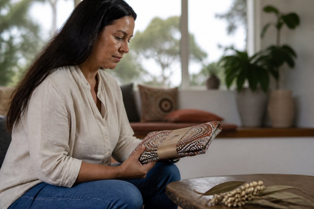Person examining an Indigenous art product label thoughtfully in a warm, naturally lit home setting, holding the item carefully while considering the purchase decision