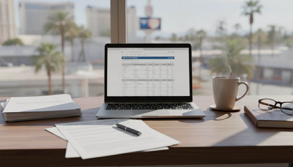 Person sitting at a home office desk reviewing insurance documents and policy papers with a laptop, calculator, and coffee cup in natural daylight