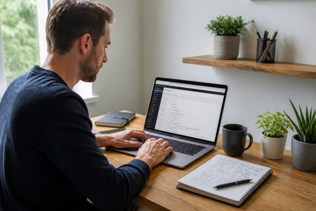 Webmaster werkend op laptop met WordPress-dashboard zichtbaar, CDN-configuratienotities op het bureau, moderne werkplek met natuurlijke verlichting