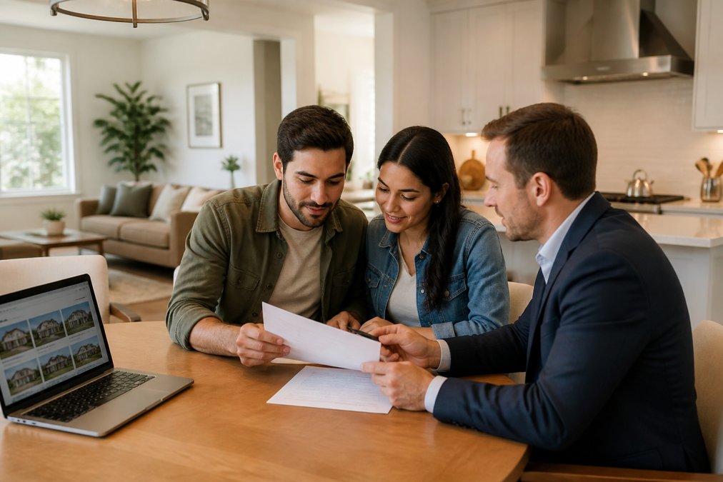 A young couple reviewing offer documents with their real estate agent at a bright kitchen table in a California-style home, a laptop open to property listings beside them