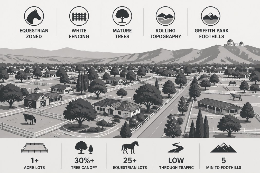 Aerial view of tree-lined streets in Burbank Rancho District showing equestrian-zoned properties with white fencing, open pasture areas, mature oak and sycamore trees, rolling topography, Griffith Park foothills visible in distance under clear blue sky