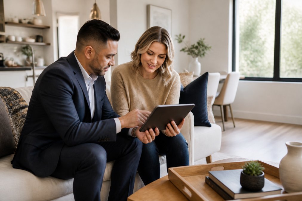 Real estate professional and homeowner reviewing property details on a tablet in a bright, well-lit living room with natural light streaming through windows