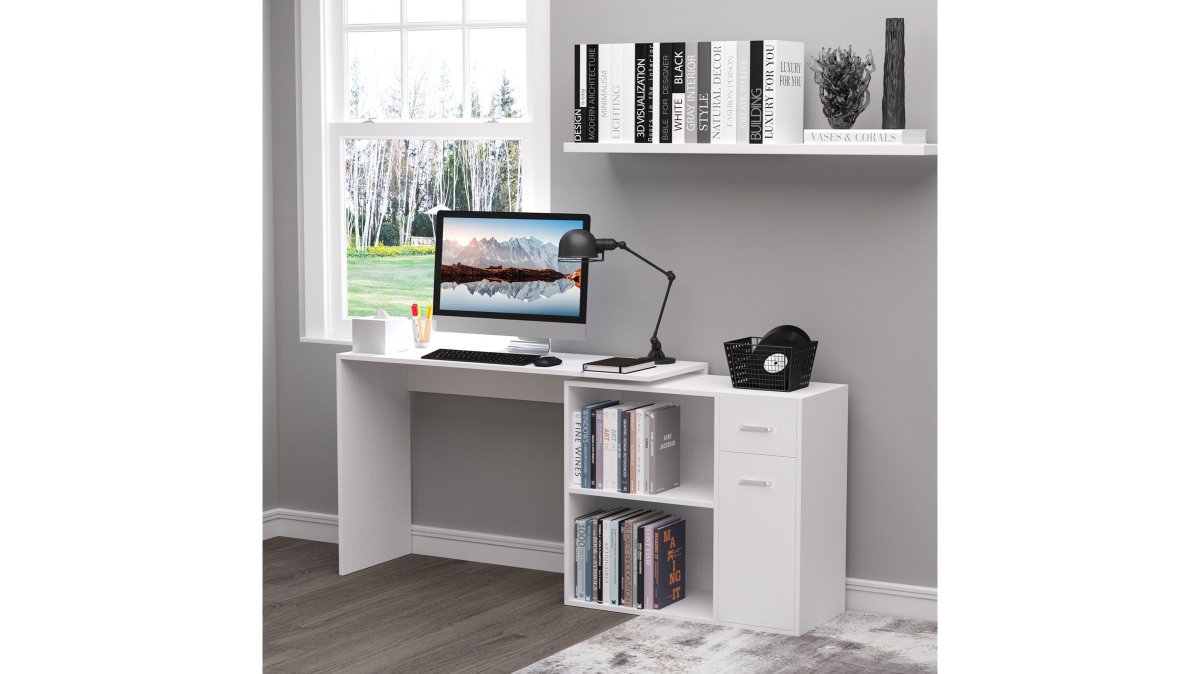 180° swivel corner desk with storage shelf, white