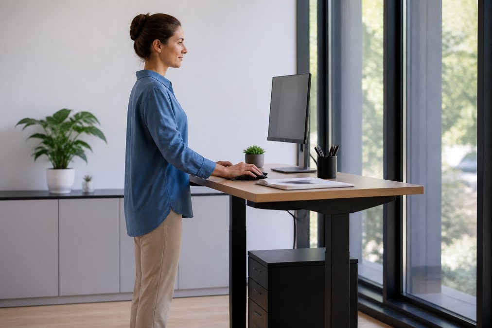 A professional working at an adjustable standing desk in a bright, modern workspace, demonstrating correct ergonomic posture with the screen at eye level and elbows at 90 degrees