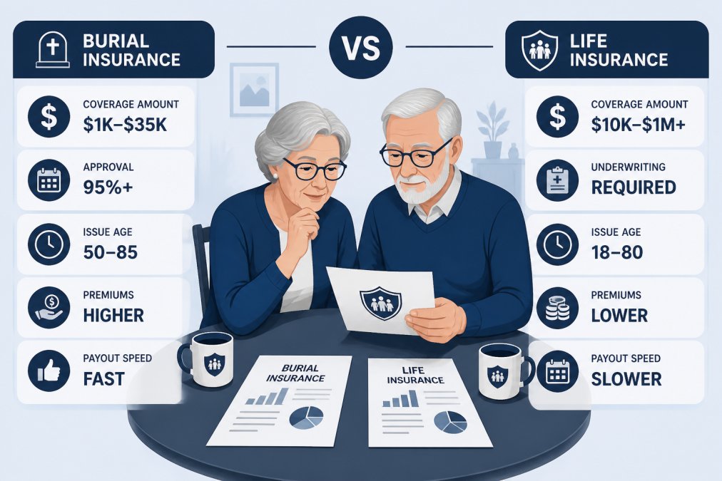 Senior couple reviewing insurance documents at their dining table with a cup of coffee, looking thoughtful and engaged