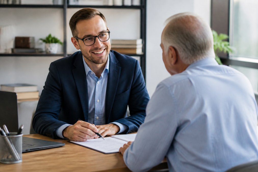 Insurance agent meeting with an older adult in a professional office setting, discussing policy options with a welcoming expression