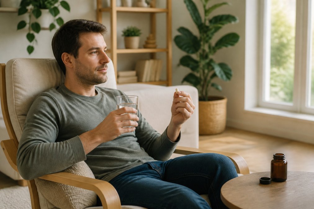 Man in een rustige woonkamer neemt burn-out herstel supplementen met een glas water voor ontspanning bij daglicht.