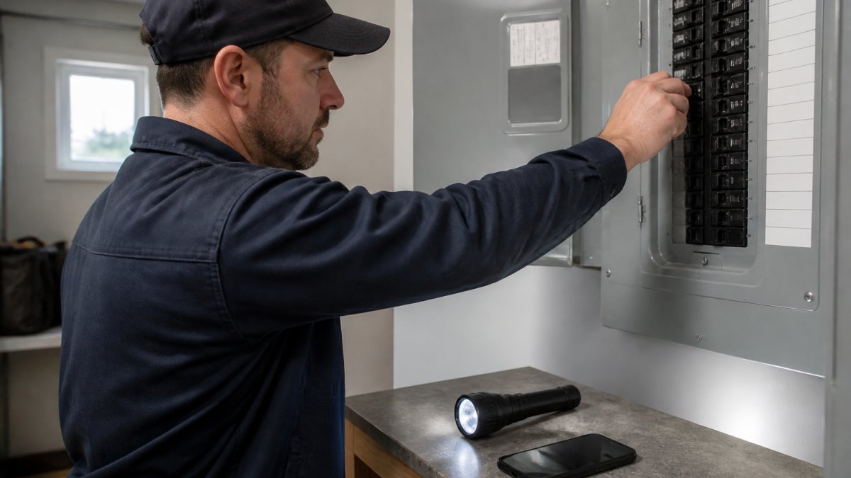 A homeowner in work clothes carefully turning off a circuit breaker in a residential electrical panel, with a flashlight and phone nearby, in a clean utility room