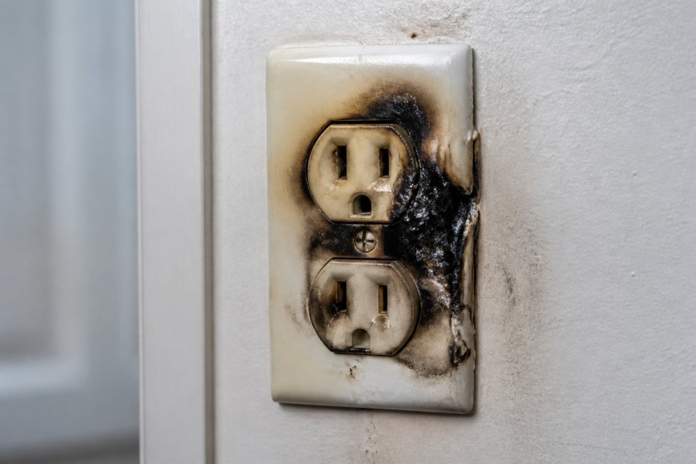 Close-up of a damaged electrical outlet showing blackened discoloration around the outlet receptacle, melted plastic casing, and scorched terminal areas