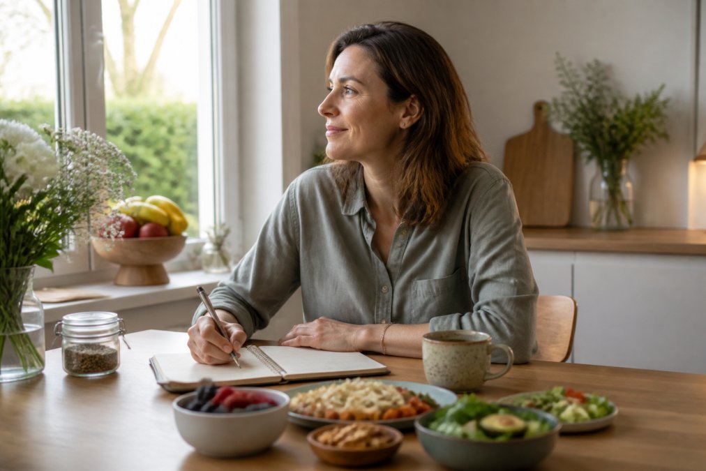 Vrouw ontspant met thee en notitieboek aan een keukentafel tijdens burnout coaching holistisch met gezonde voeding