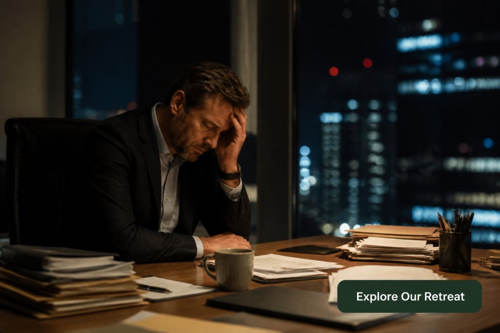 Exhausted executive sitting at a desk late at night, highlighting why leaders need a burnout retreat.