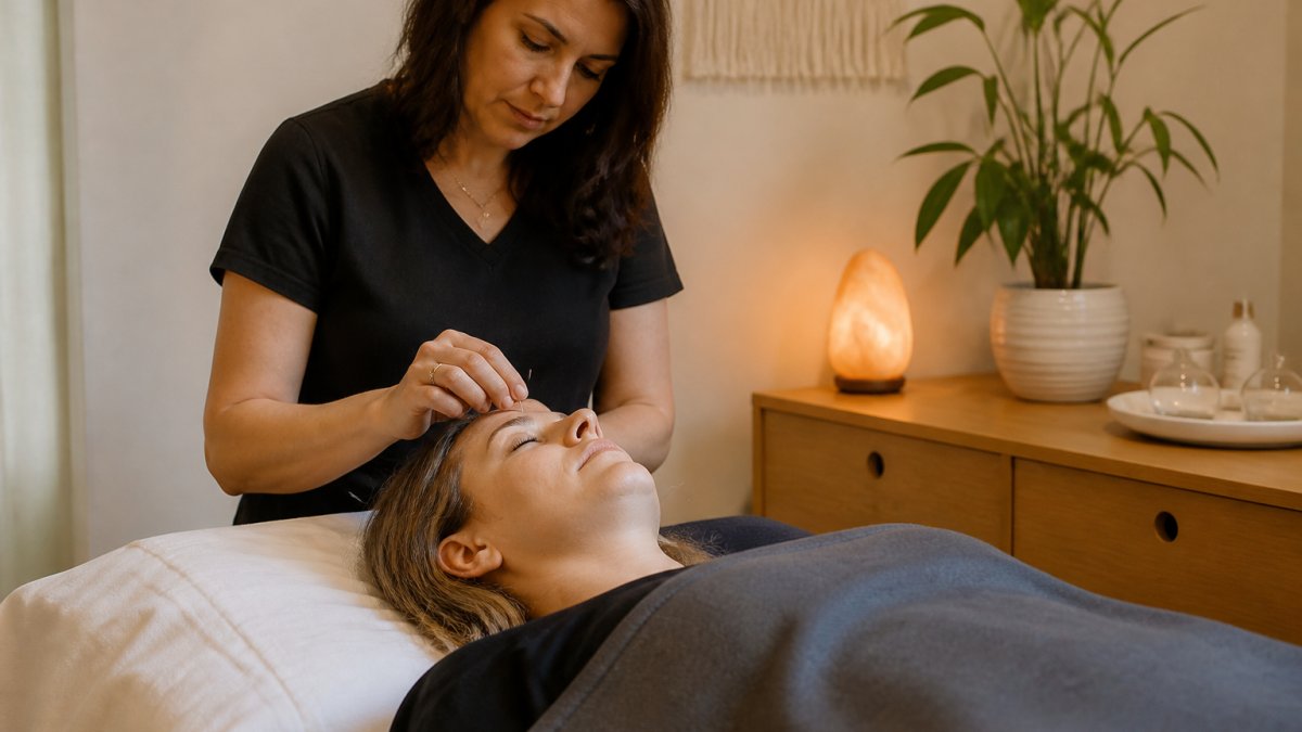 Professional in a calm clinical setting performing acupuncture treatment on a relaxed patient, with soft warm lighting and peaceful surroundings
