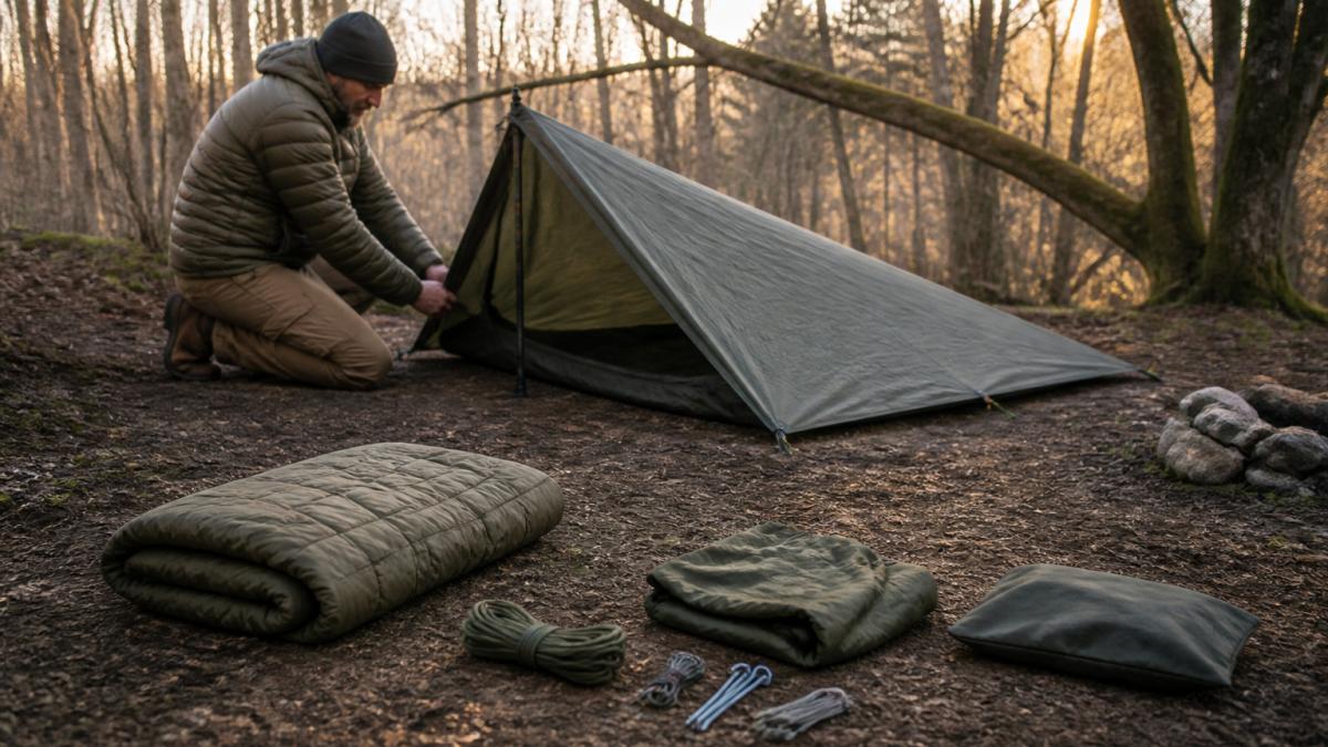 Person setting up a tarp shelter and tent in a wooded clearing during the late afternoon light