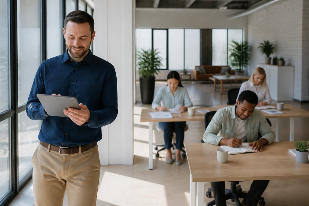 A business owner standing relaxed near a large window reviewing a tablet, while a team of three colleagues work independently at desks in a bright open-plan office behind them, natural daylight filling the space