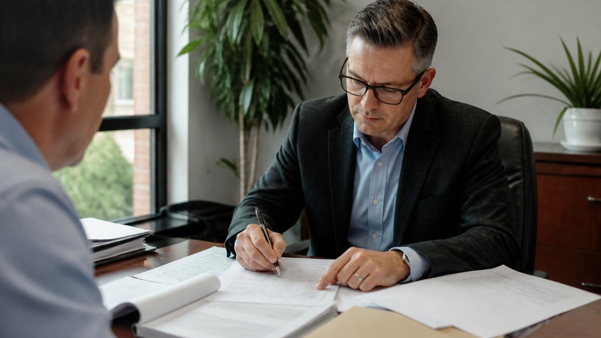 Professional reviewing business documents and taking detailed notes during a consultation meeting in a modern office setting with natural window lighting