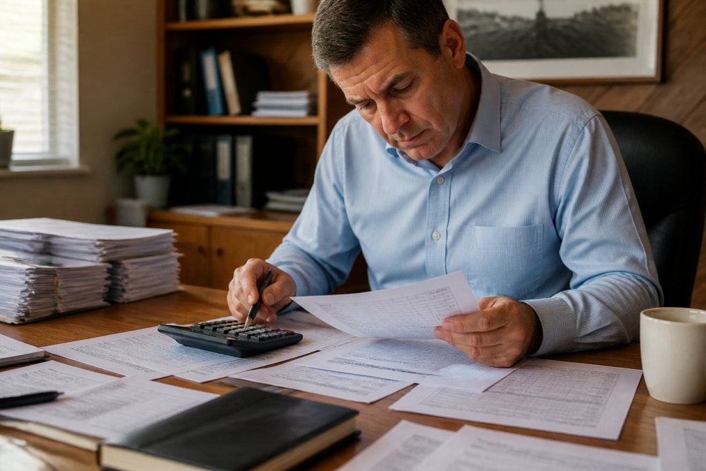 Business owner reviewing financial statements and accounting records at a wooden desk with calculator, spreadsheets, and documents visible under warm office lighting