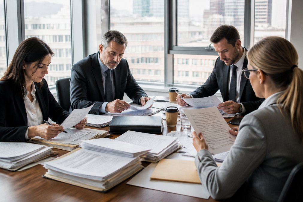 Professional acquisition team reviewing contracts and documents in a modern conference room during M&A due diligence meeting with natural window lighting