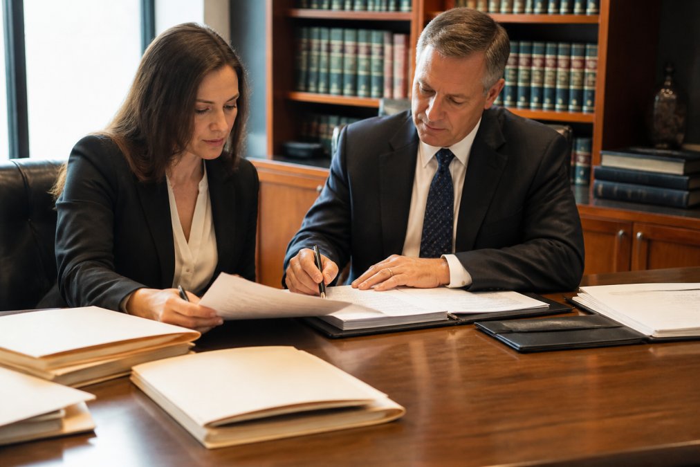 Business owner and attorney reviewing corporate documents and contracts at a wooden desk with folders and a laptop, natural office lighting