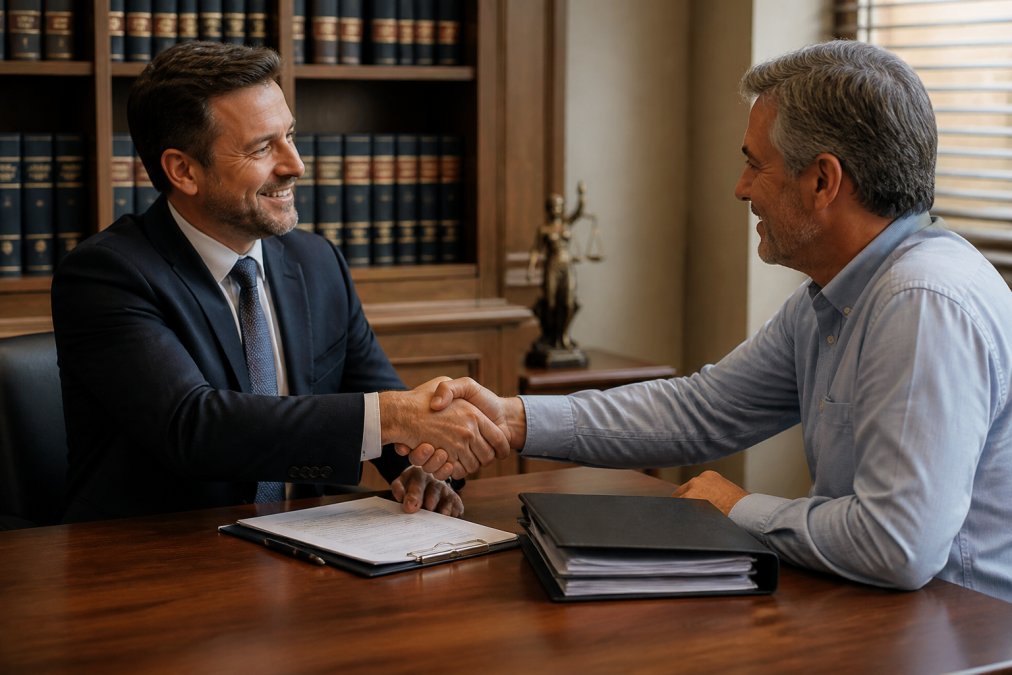 Corporate attorney and business owner shaking hands in a modern law office with legal documents and contract folders visible on the desk in background