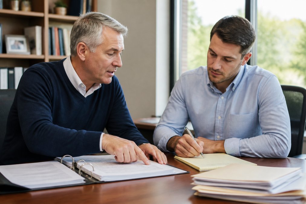 Professional mentor reviewing business acquisition documents with entrepreneur at desk, pointing to key details while entrepreneur takes notes, natural office lighting