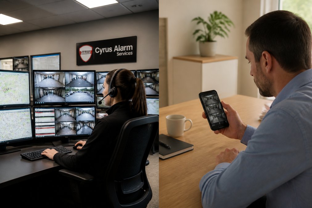 Professional security monitoring center with multiple computer screens displaying live camera feeds and alert dashboards, staff member in headset reviewing real-time data from commercial properties