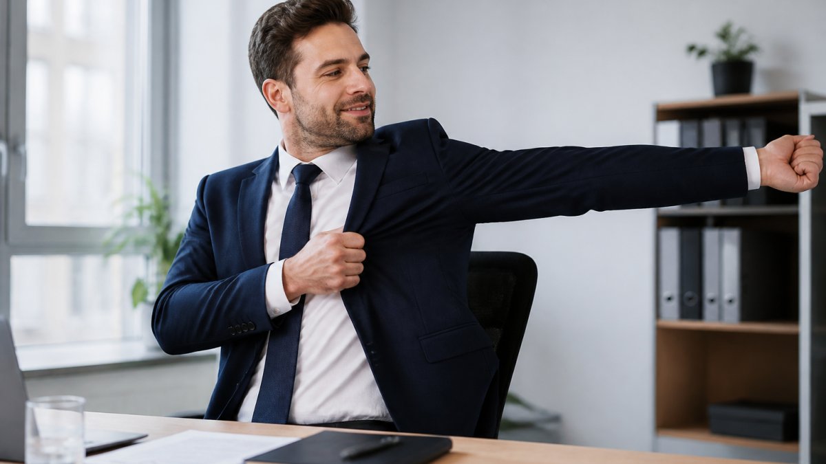 Ein Mann in einem dunkelblauen Business-Anzug sitzt an einem Schreibtisch in einem hellen Büro und streckt den Arm aus, um die Bewegungsfreiheit des Stretch-Sakkos zu zeigen
