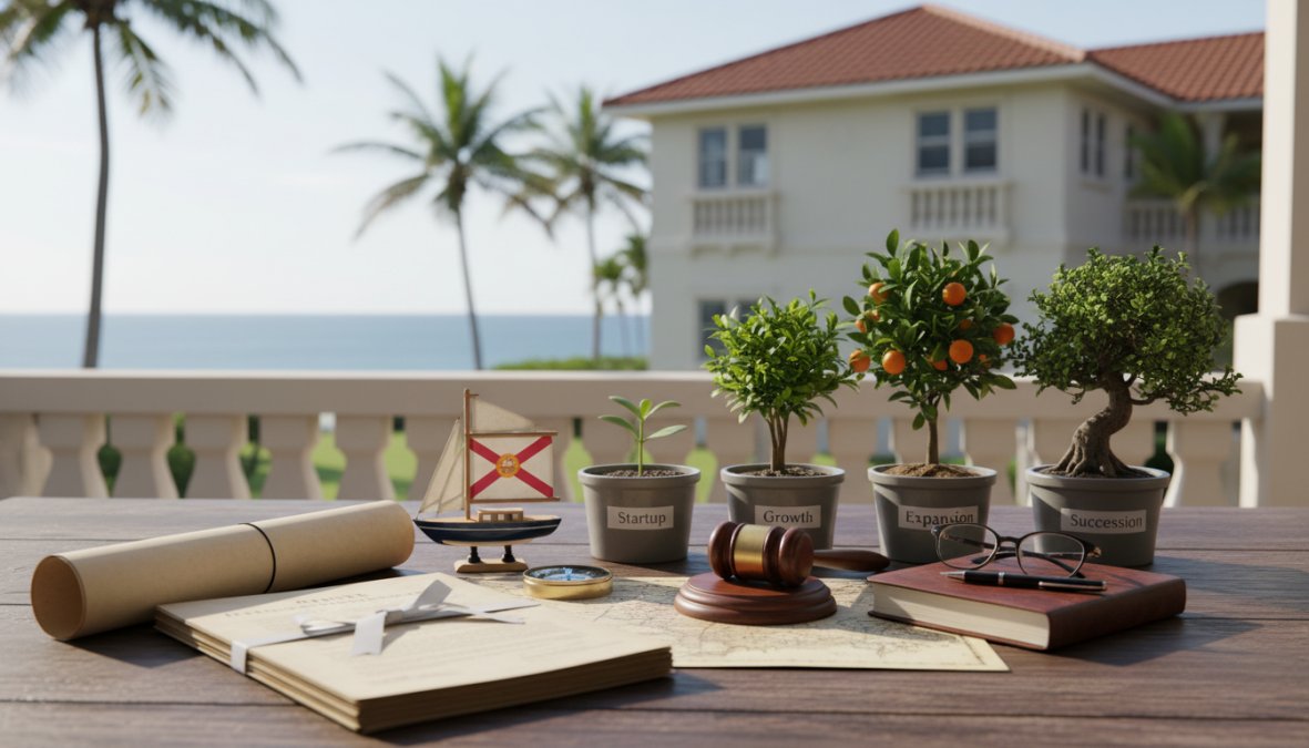 A [Florida](/how-to-dissolve-a-florida-corporation/) small business owner sitting across from a professional attorney at a desk reviewing documents, with a modern office setting and natural light coming through large windows