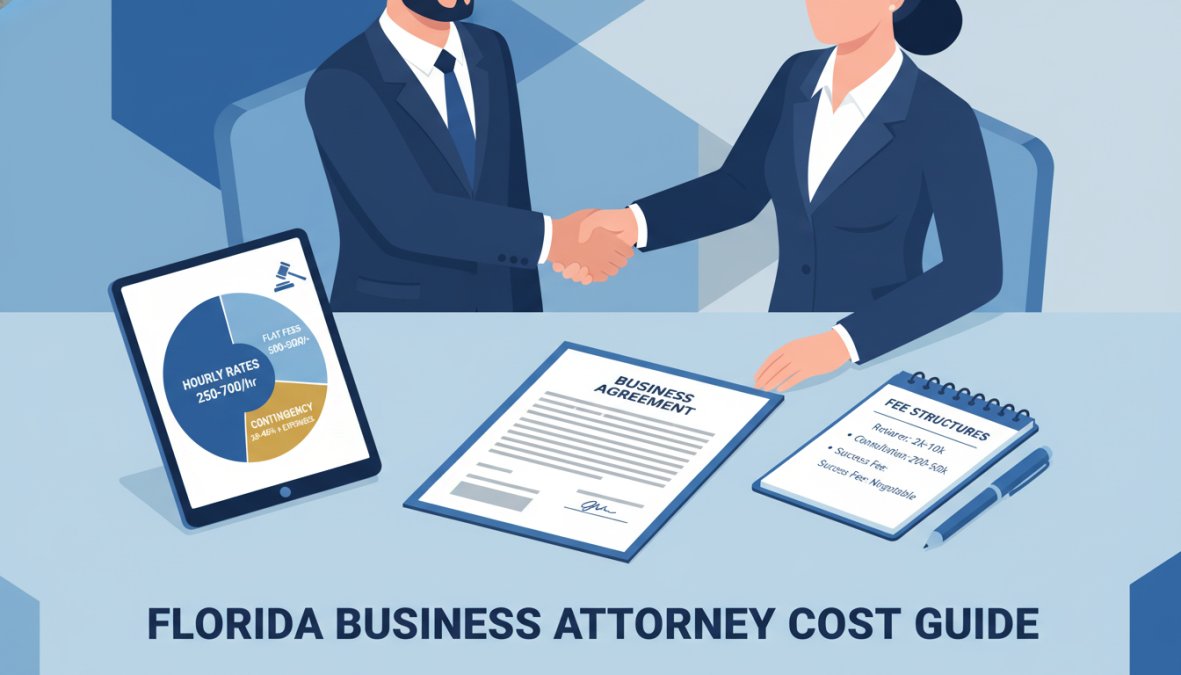 Close-up of a business owner and attorney shaking hands over a signed contract on a desk, with a notepad showing fee notes and a pen nearby