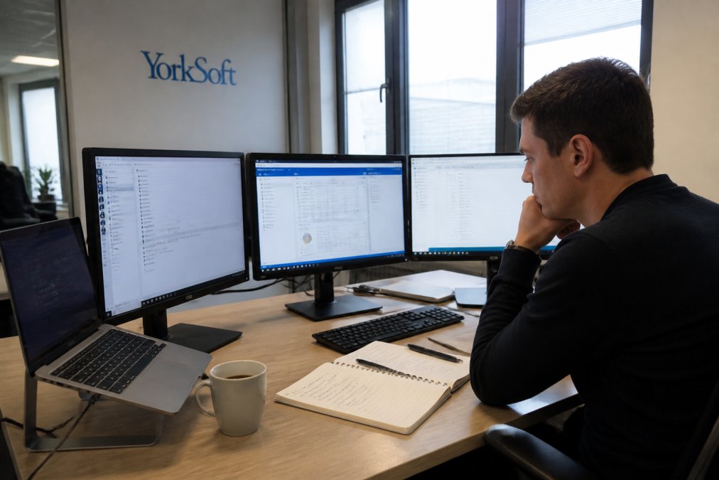 A professional in a modern Northampton office looking at multiple monitors displaying different software dashboards, appearing slightly overwhelmed, with a notepad and coffee on the desk