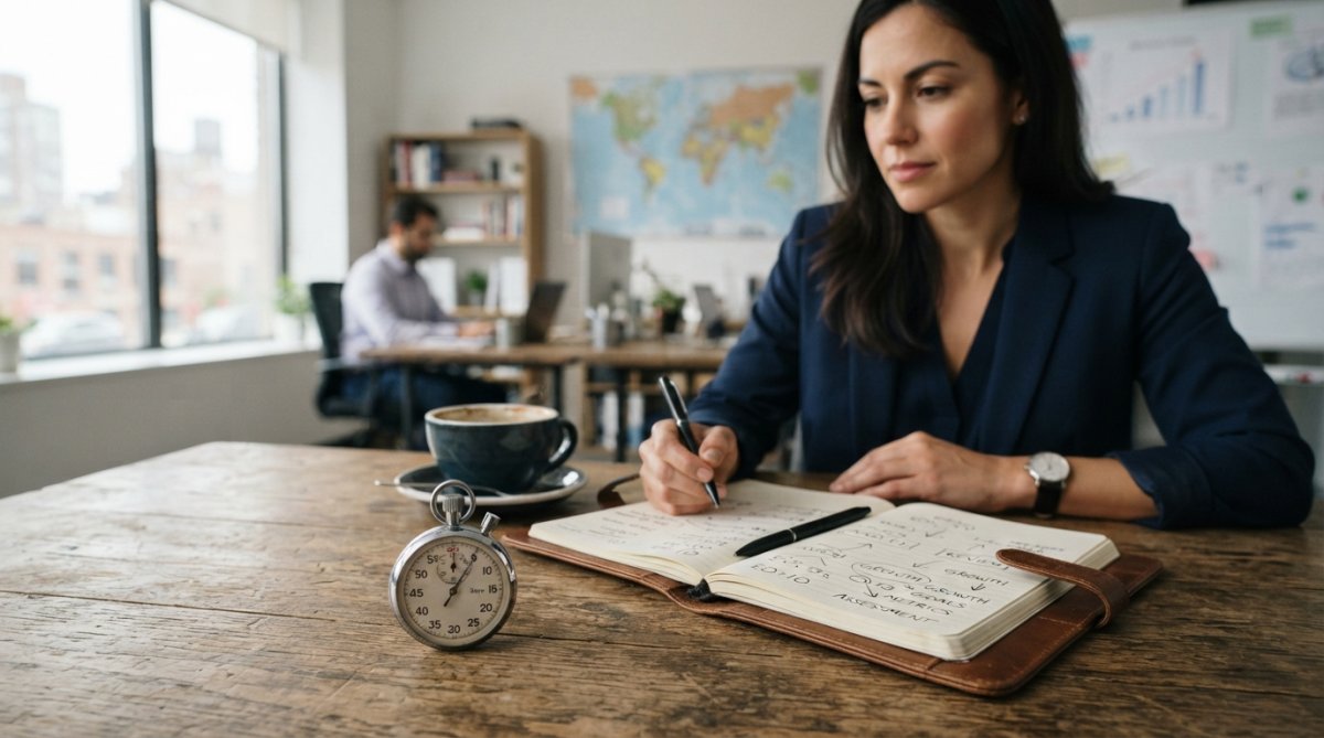 Business owner or entrepreneur reviewing financial documents and performance metrics on a laptop at a desk with coffee and notepad nearby