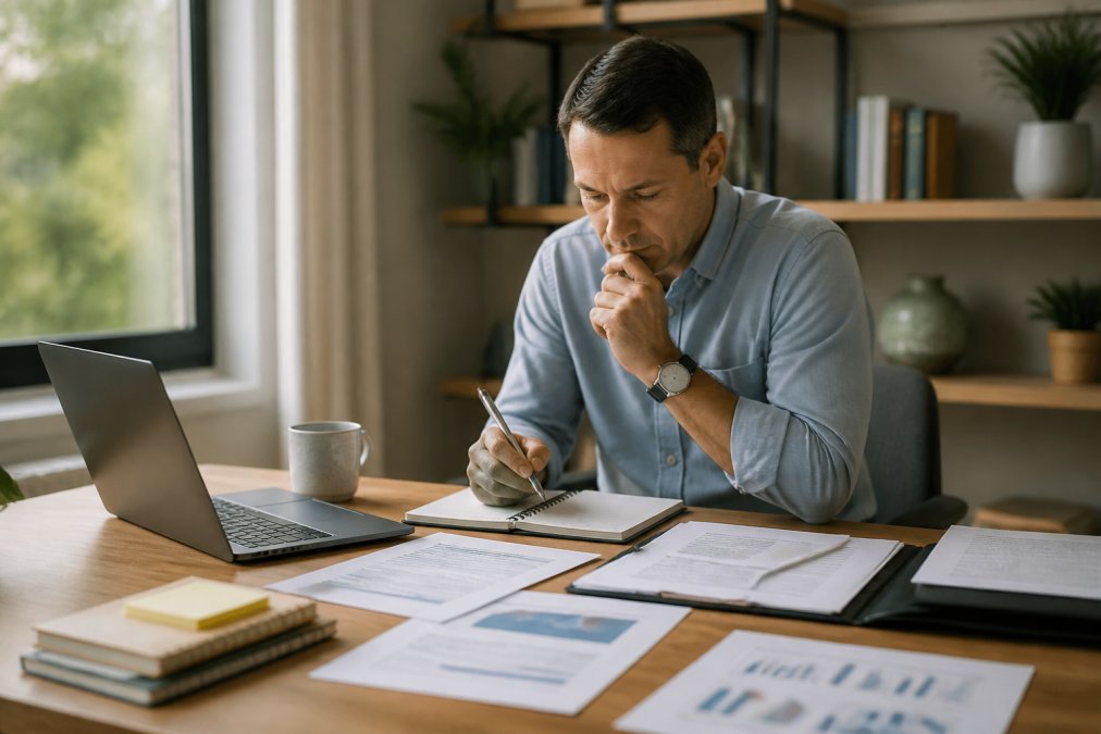 Entrepreneur working at desk with laptop, notebook, and strategic planning documents spread across workspace, reviewing business goals and market research with natural window lighting