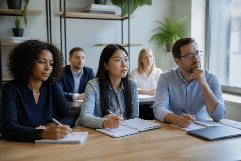 Group of business professionals and entrepreneurs participating in live virtual training session on video call, engaged and taking notes at desks, natural office lighting