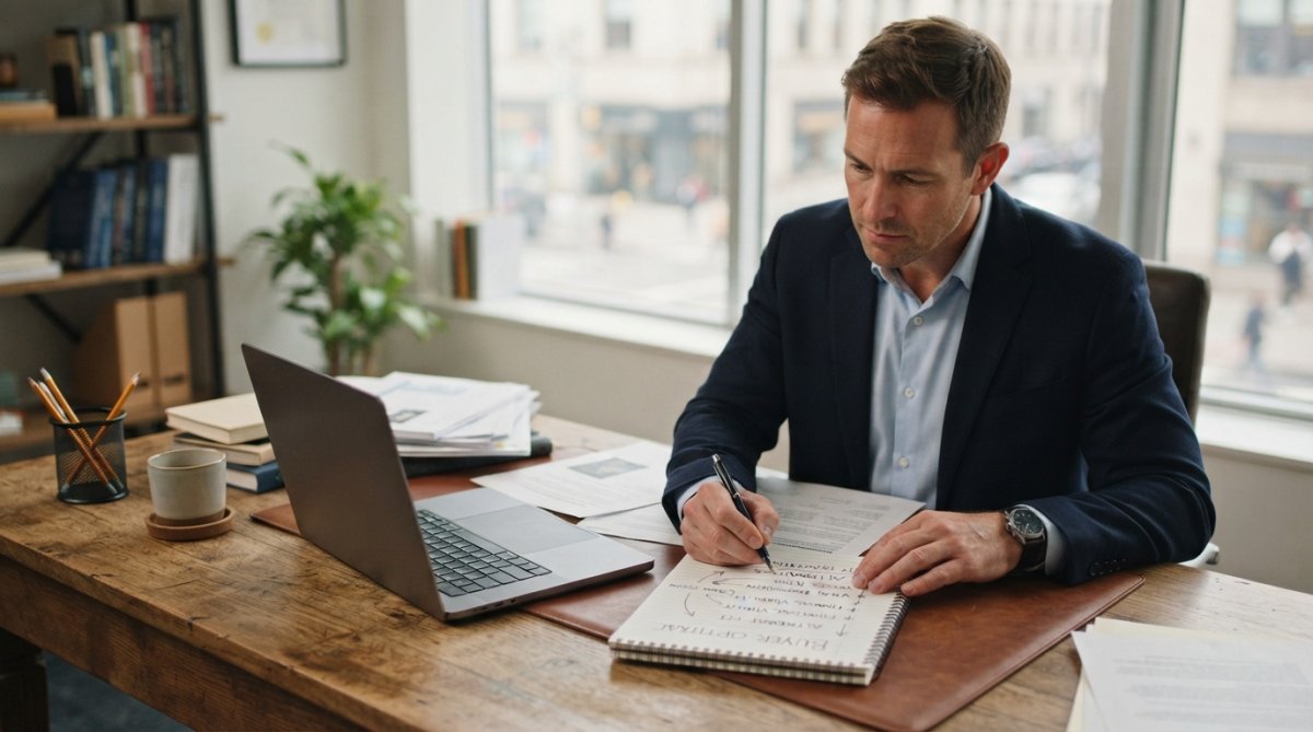 Business professional reviewing financial documents and business valuation spreadsheets at desk with laptop, notepad, and coffee, contemplating acquisition decision with focused expression