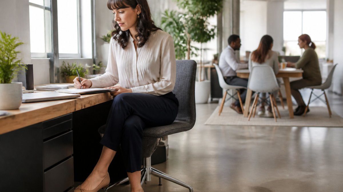 Creative professional in tailored trousers and a blouse working at a desk in a bright, modern open-concept office.